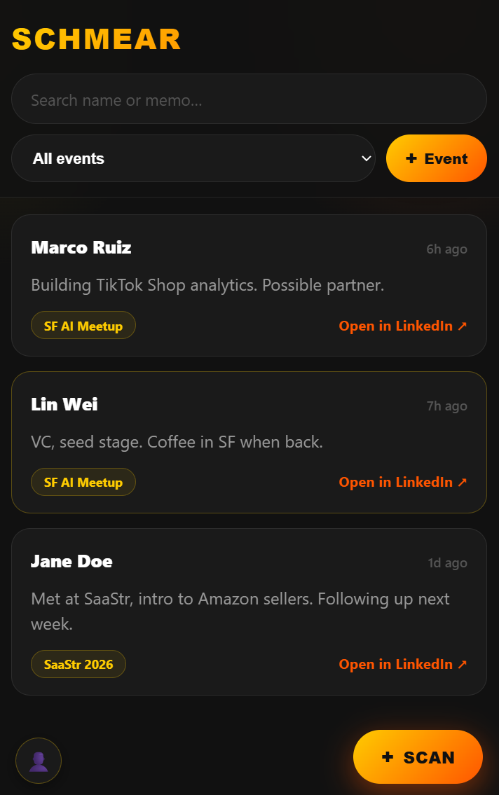 Schmear — your contacts feed, organized by event